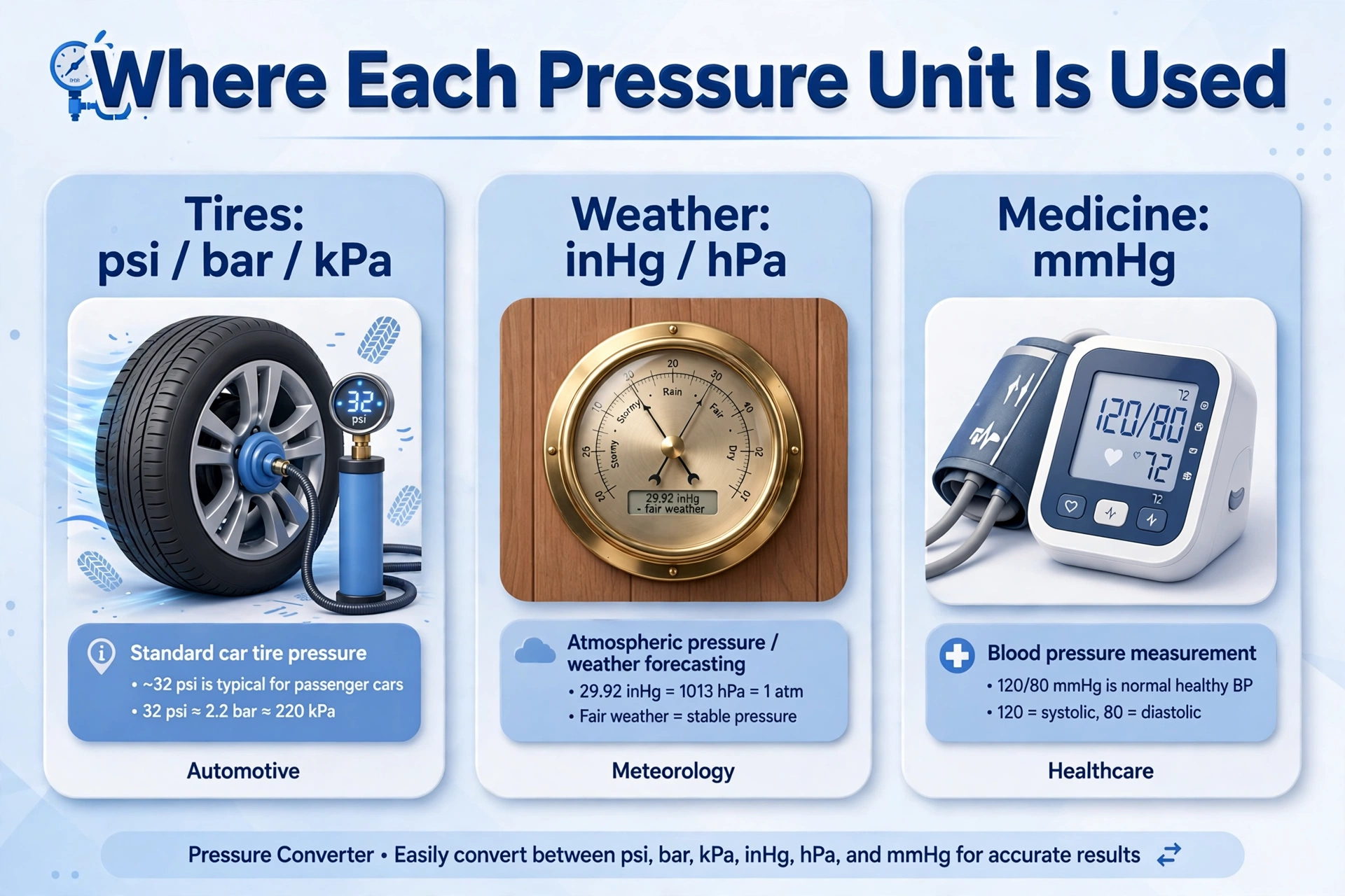 Infographic showing real-world uses of pressure units: car tires measured in psi, bar and kPa; weather in inHg and hPa; blood pressure in mmHg