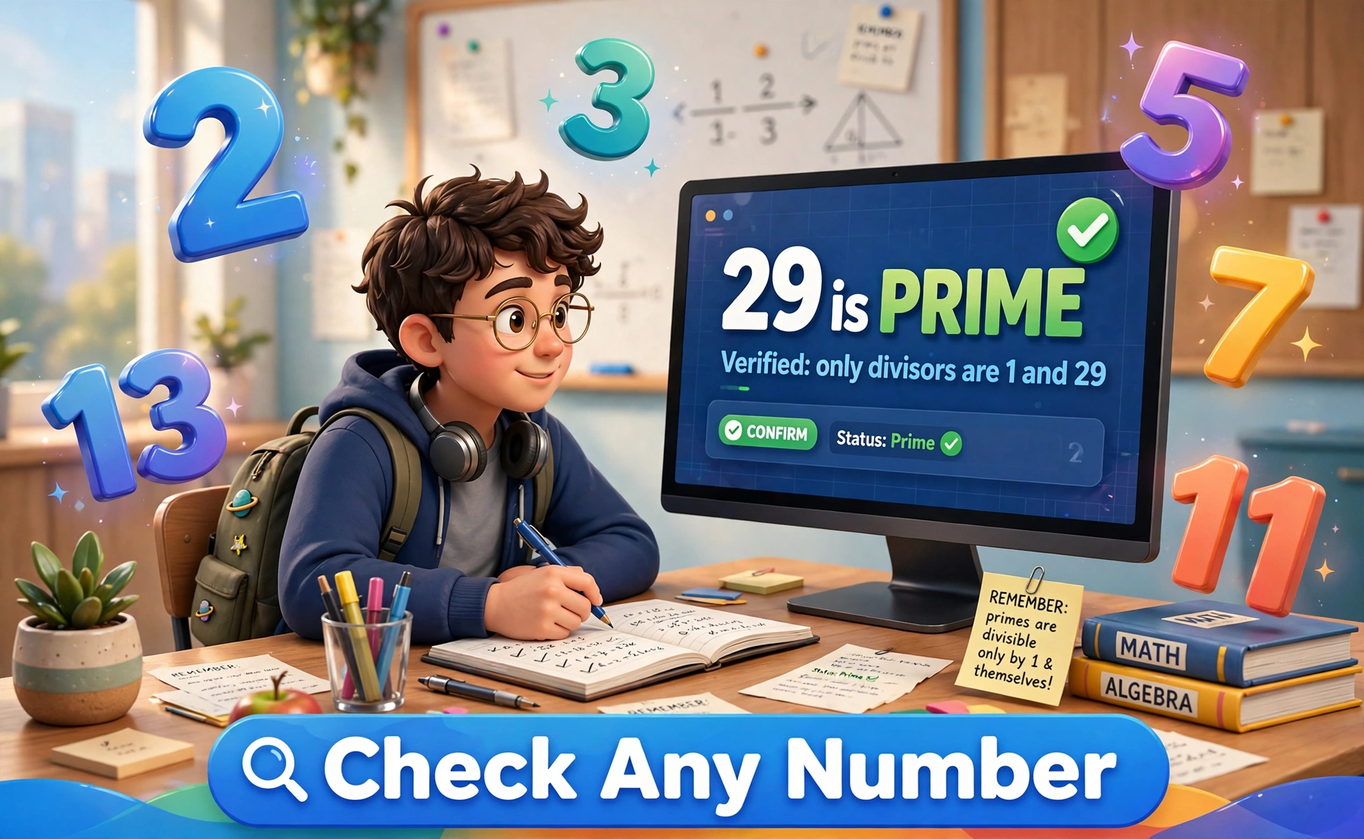 Prime number calculator second hero: a student checking 29 is prime on a large screen with a green check mark