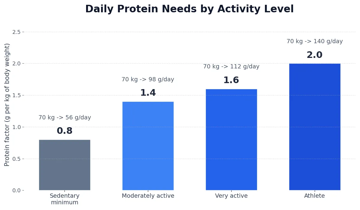 Bar chart of daily protein needs by activity level: 0.8 g/kg sedentary minimum, 1.4 moderately active, 1.6 very active, 2.0 athlete — with gram equivalents for a 70 kg person