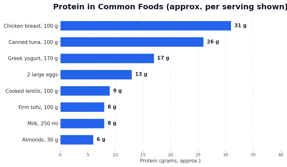 Horizontal bar chart of protein in common foods: chicken breast 31 g per 100 g, canned tuna 26 g, Greek yogurt 17 g per 170 g, 2 large eggs 13 g, lentils 9 g, tofu 8 g, milk 8 g, almonds 6 g (approximate)