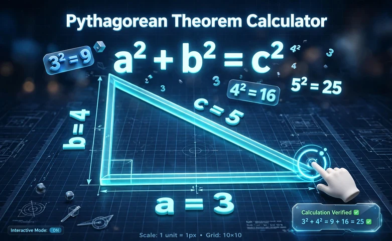 3D hero illustration of a glowing right triangle on a blueprint grid with sides a=3, b=4, c=5 and the equation a squared plus b squared equals c squared