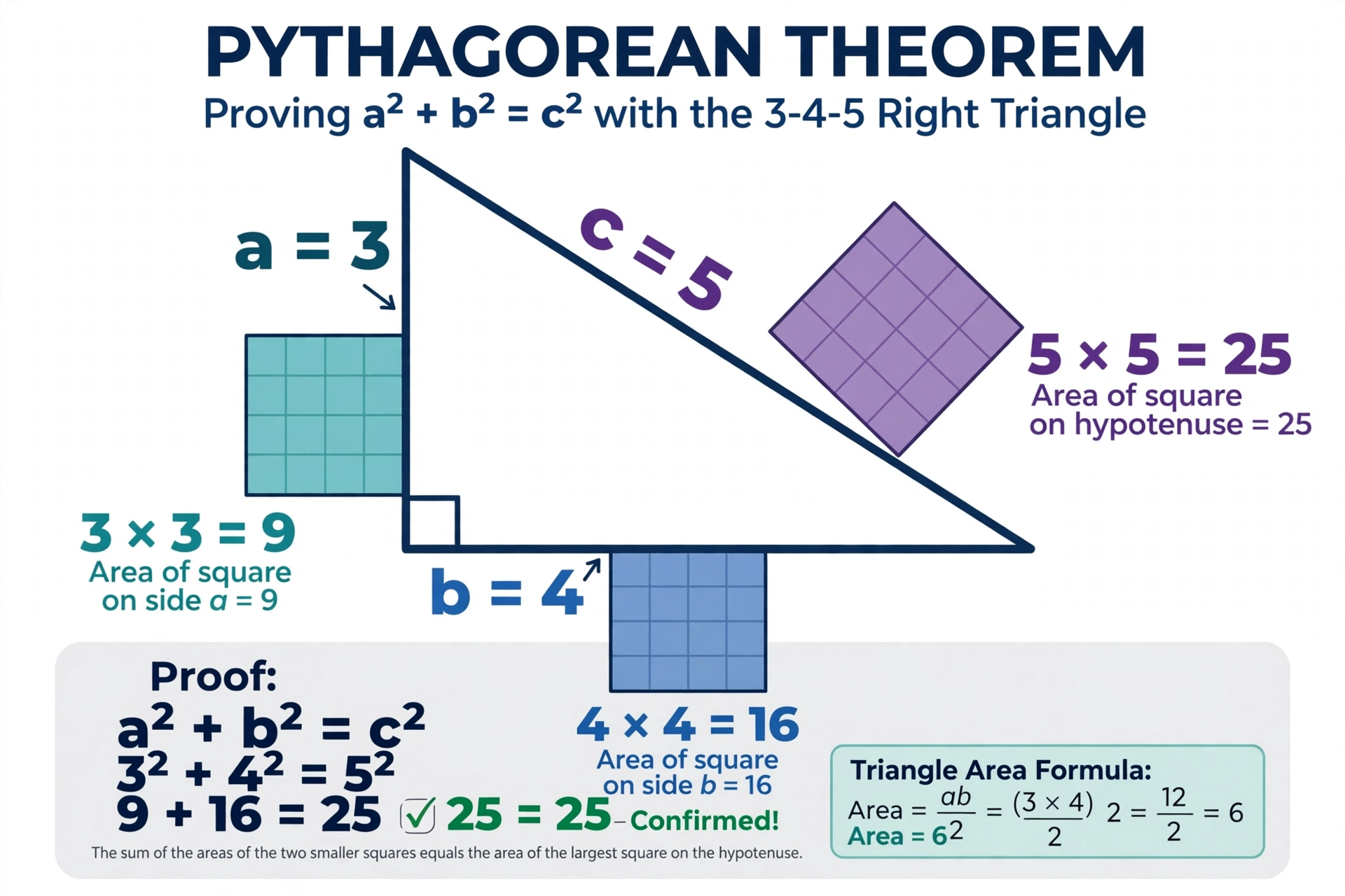 Infographic proving a squared plus b squared equals c squared, with 3x3, 4x4 and 5x5 grid squares drawn on each side of a right triangle