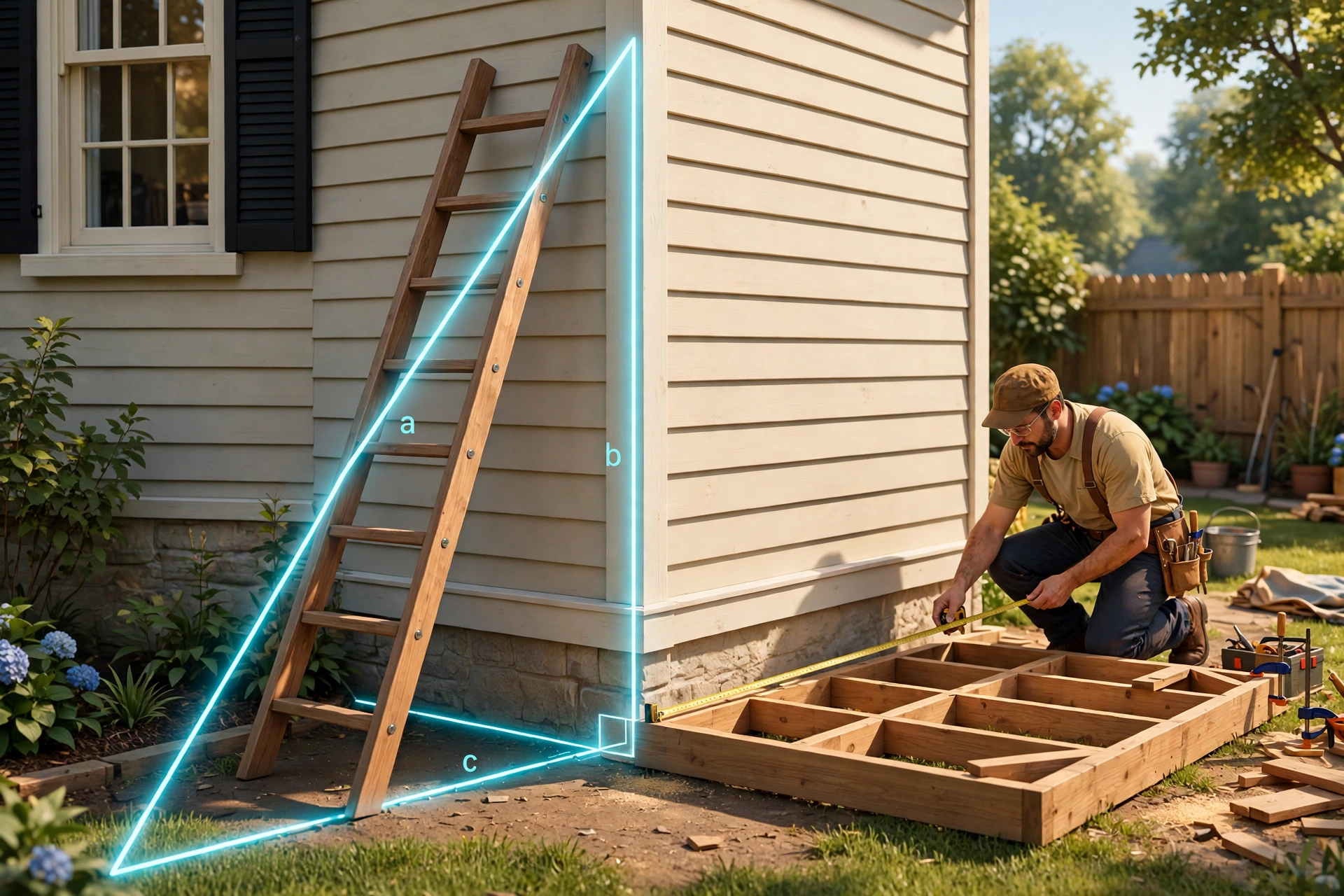3D illustration of a ladder leaning against a house wall with a triangle overlay showing the three sides a, b and c