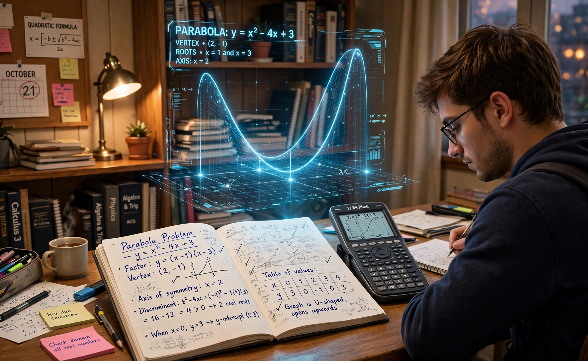 3D scene of a student at a desk with a graphing calculator and notebook of solved equations under a holographic parabola