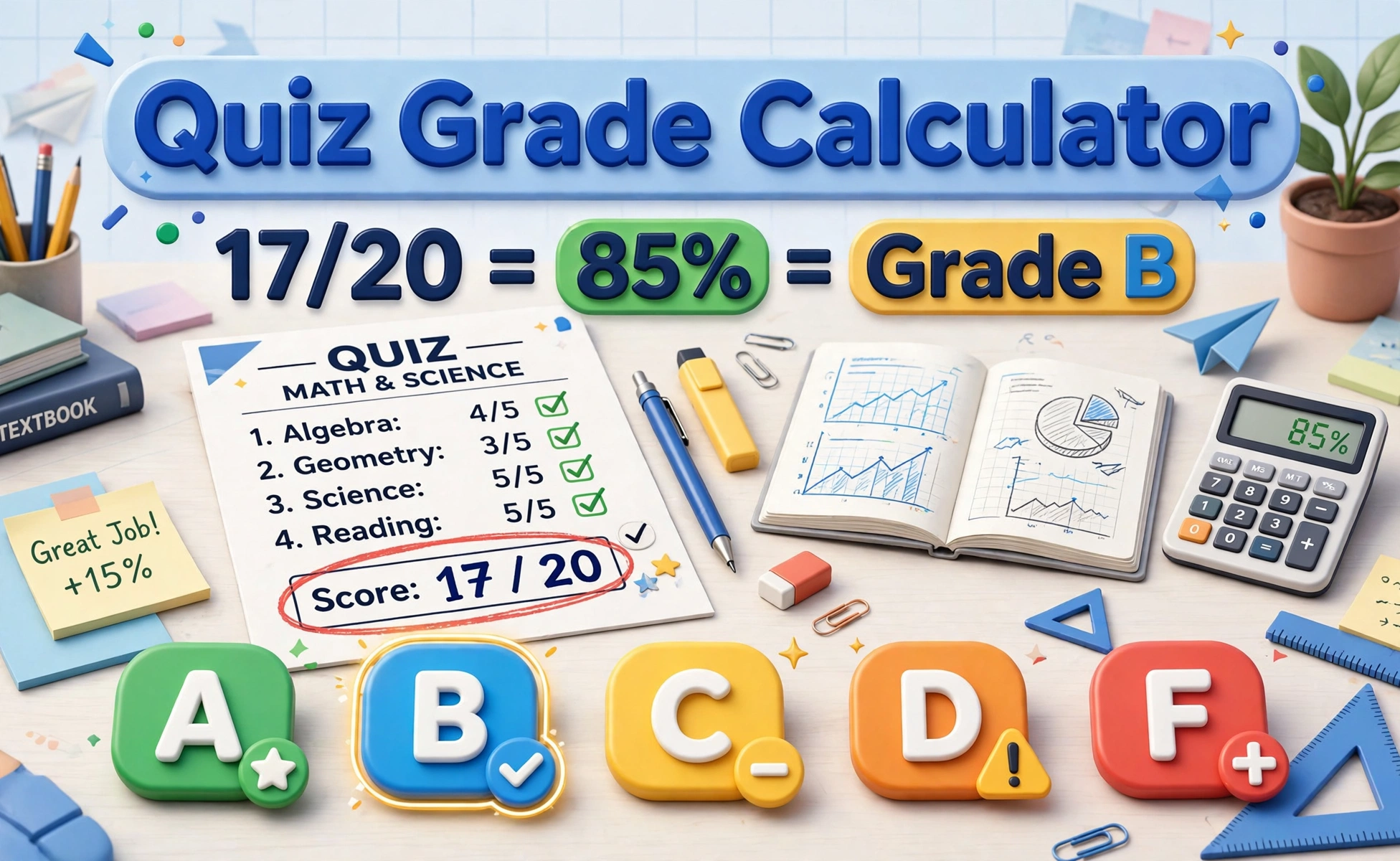 Quiz grade calculator hero: a quiz paper marked 17 out of 20 with a large 85 percent and Grade B badge
