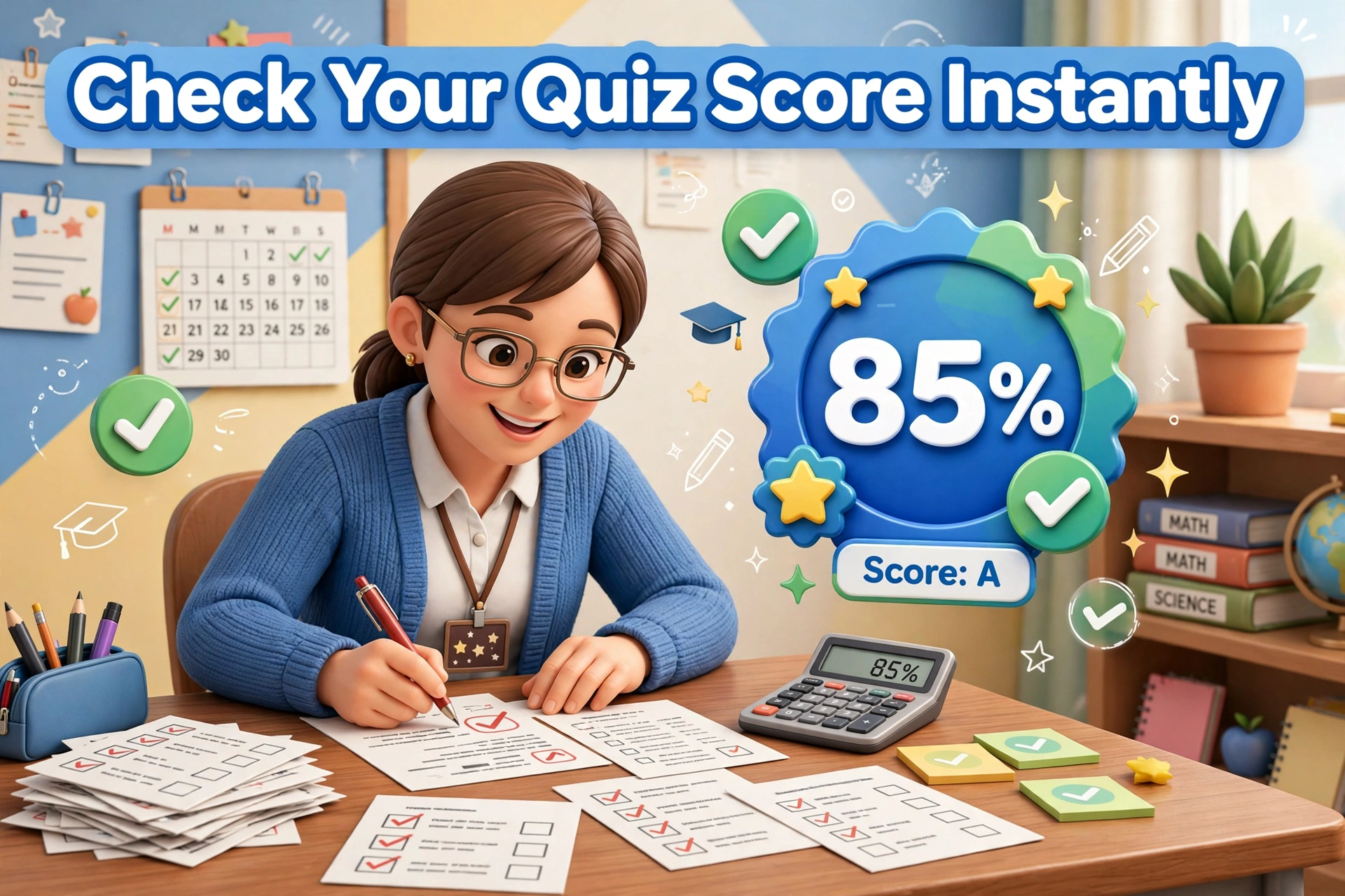 Teacher checking quiz papers with a checkmark and an 85 percent badge