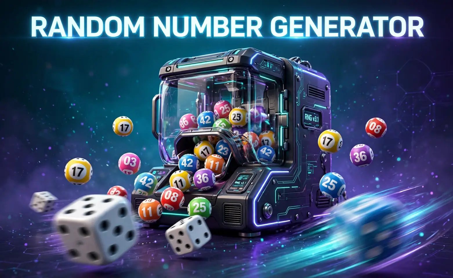 Random number generator hero: 3D lottery balls tumbling from a glowing machine
