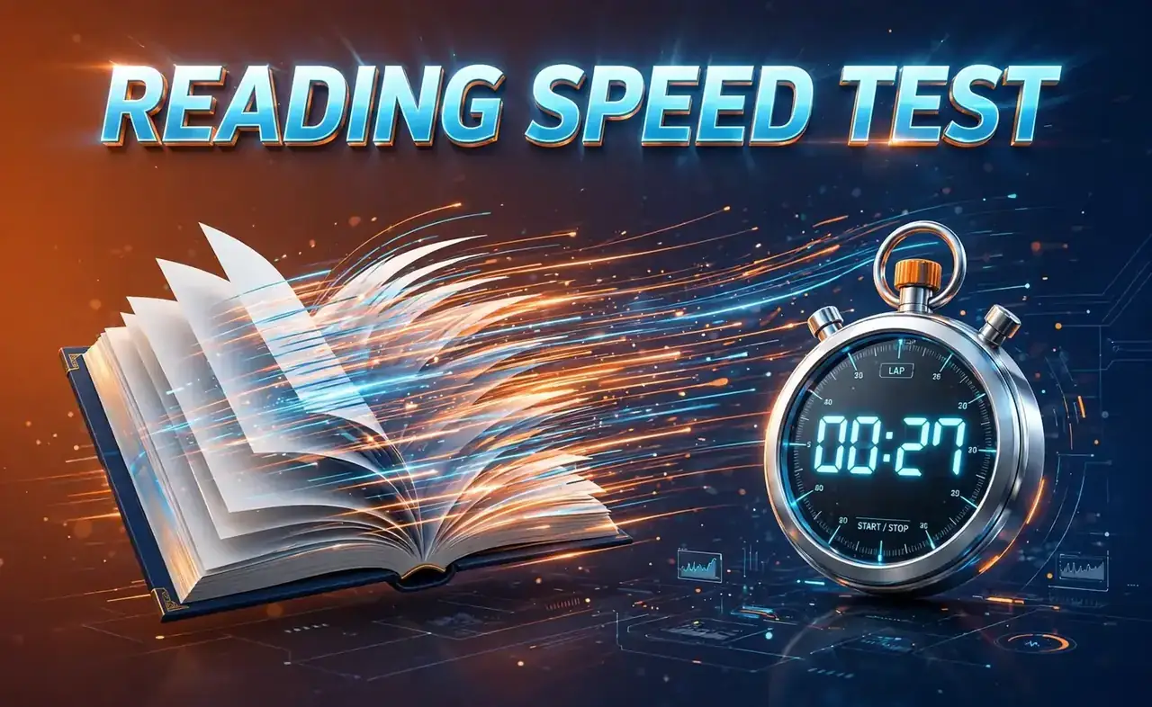 Reading speed hero: 3D open book with pages turning beside a stopwatch