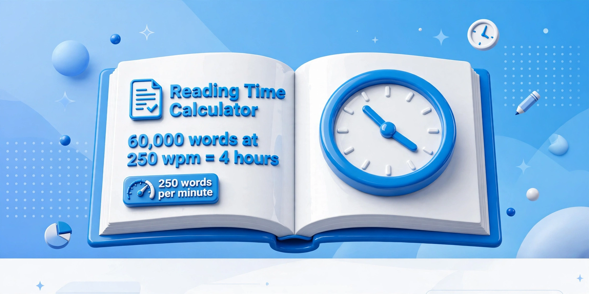 Reading time calculator hero: large 3D open book with a clock, 60,000 words at 250 wpm equals 4 hours