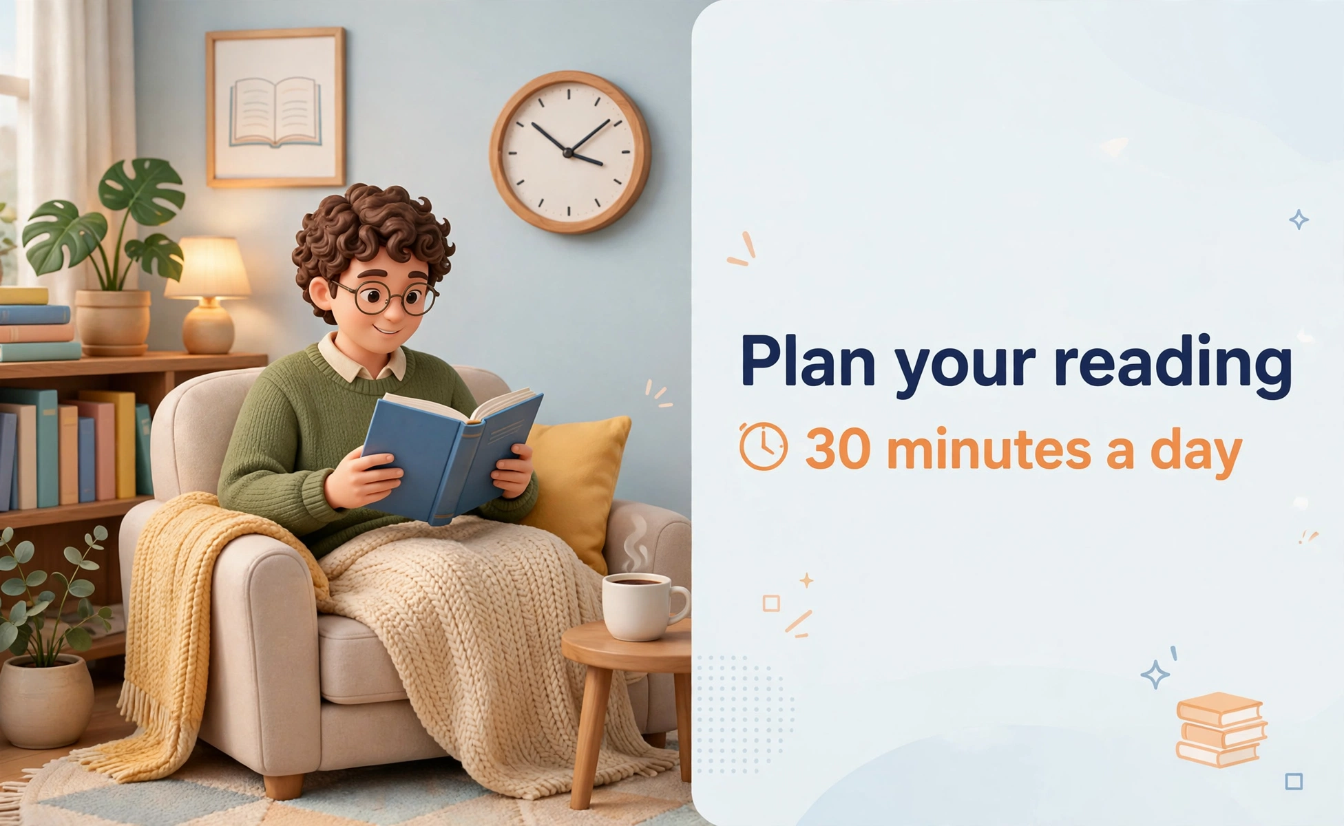 Reading time calculator second hero: a person reading a book in a cozy chair with a clock nearby