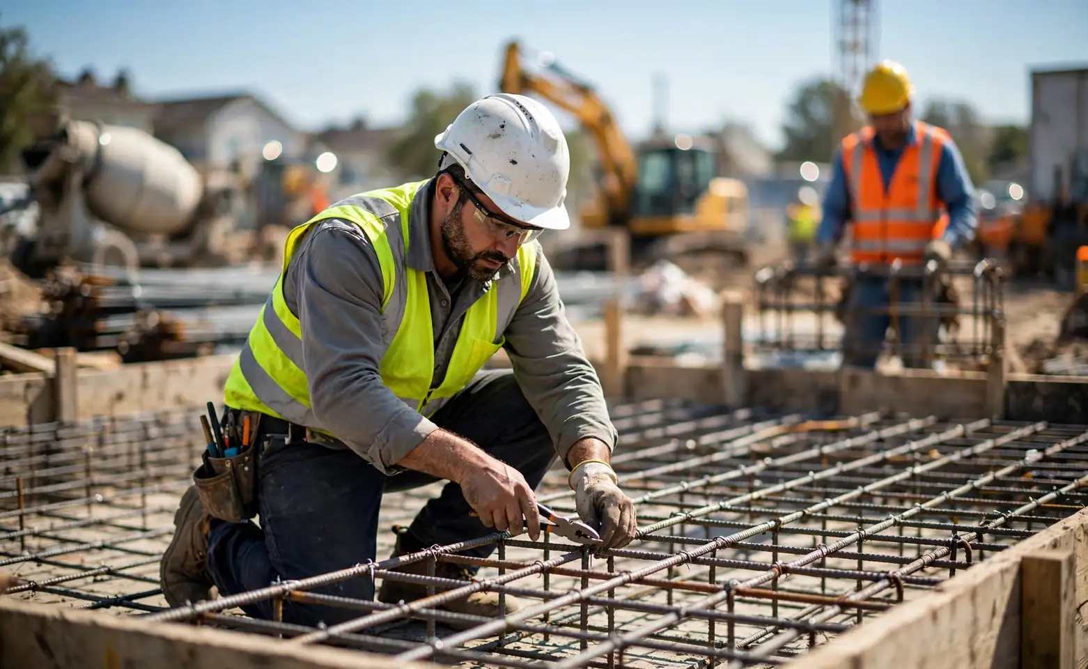 Rebar second hero: workers installing rebar grid at a construction site