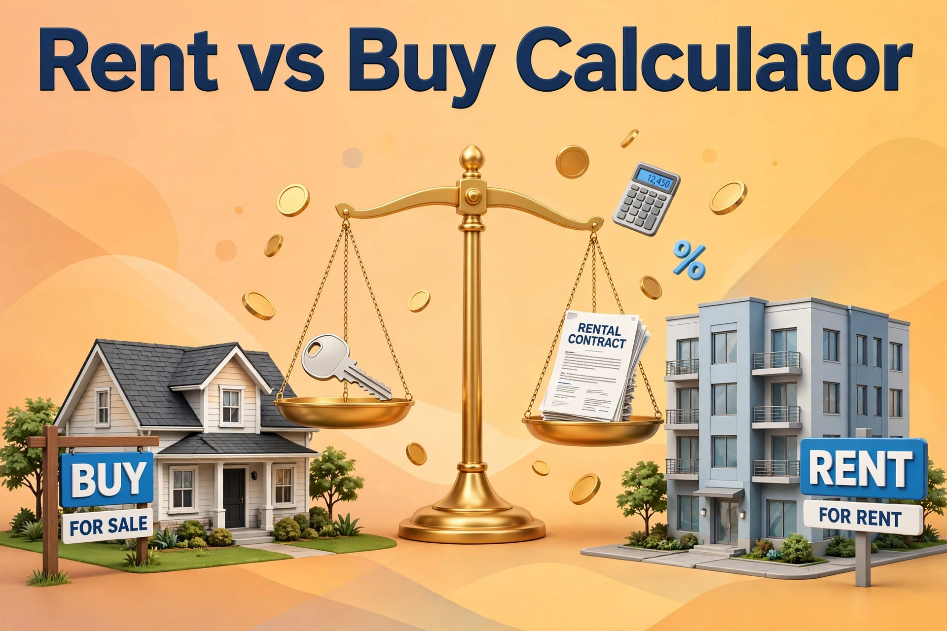3D illustration of a rent versus buy decision: a house with a buy sign and an apartment building with a rent sign weighed on a golden balance scale