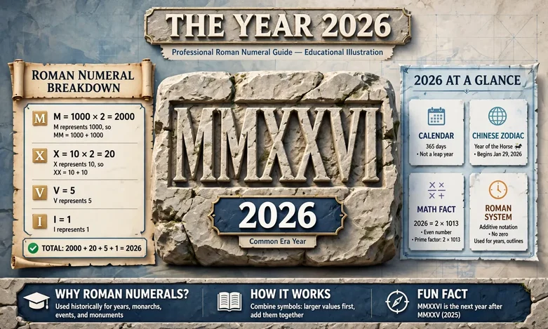 Roman numeral hero: professional 3D Roman numerals MMXXVI carved in stone with labels