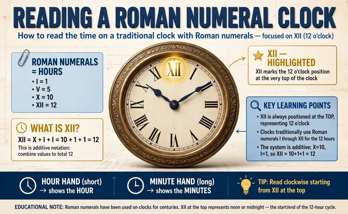 Roman numeral second hero: an old clock face with Roman numerals and highlighted XII