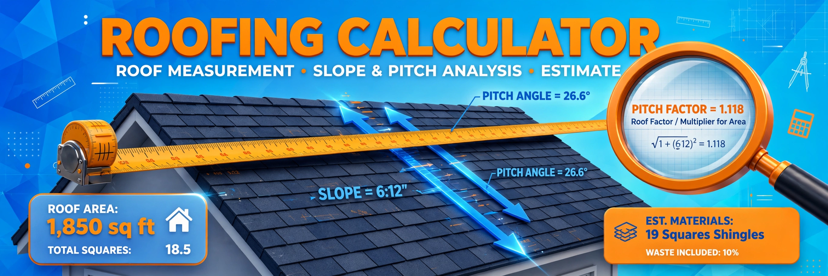 3D hero illustration for the roofing calculator: a tape measure stretching across a shingled roof with pitch angle and slope factor callouts, showing a pitch factor of 1.118 for a 6/12 slope and the estimated squares and bundles