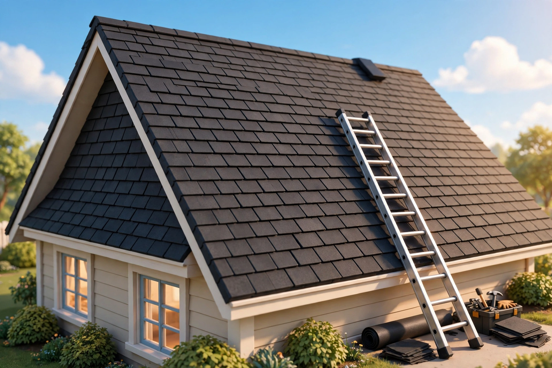 3D illustration of a suburban house with a shingled gable roof and a ladder leaning against it