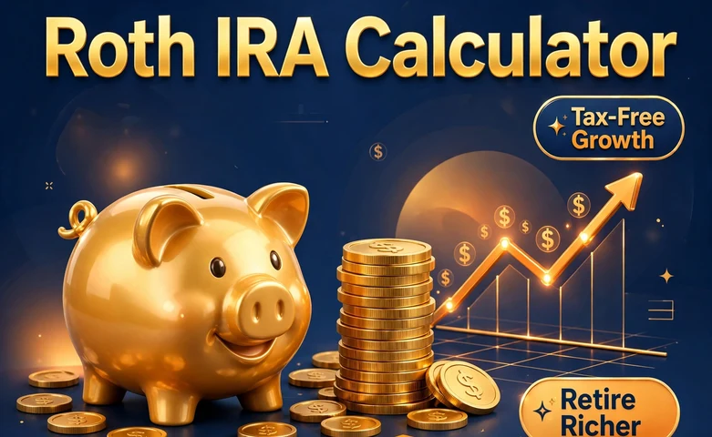Roth IRA Calculator illustration: a golden piggy bank, stacks of coins and a rising growth chart with Tax-Free Growth and Retire Richer badges