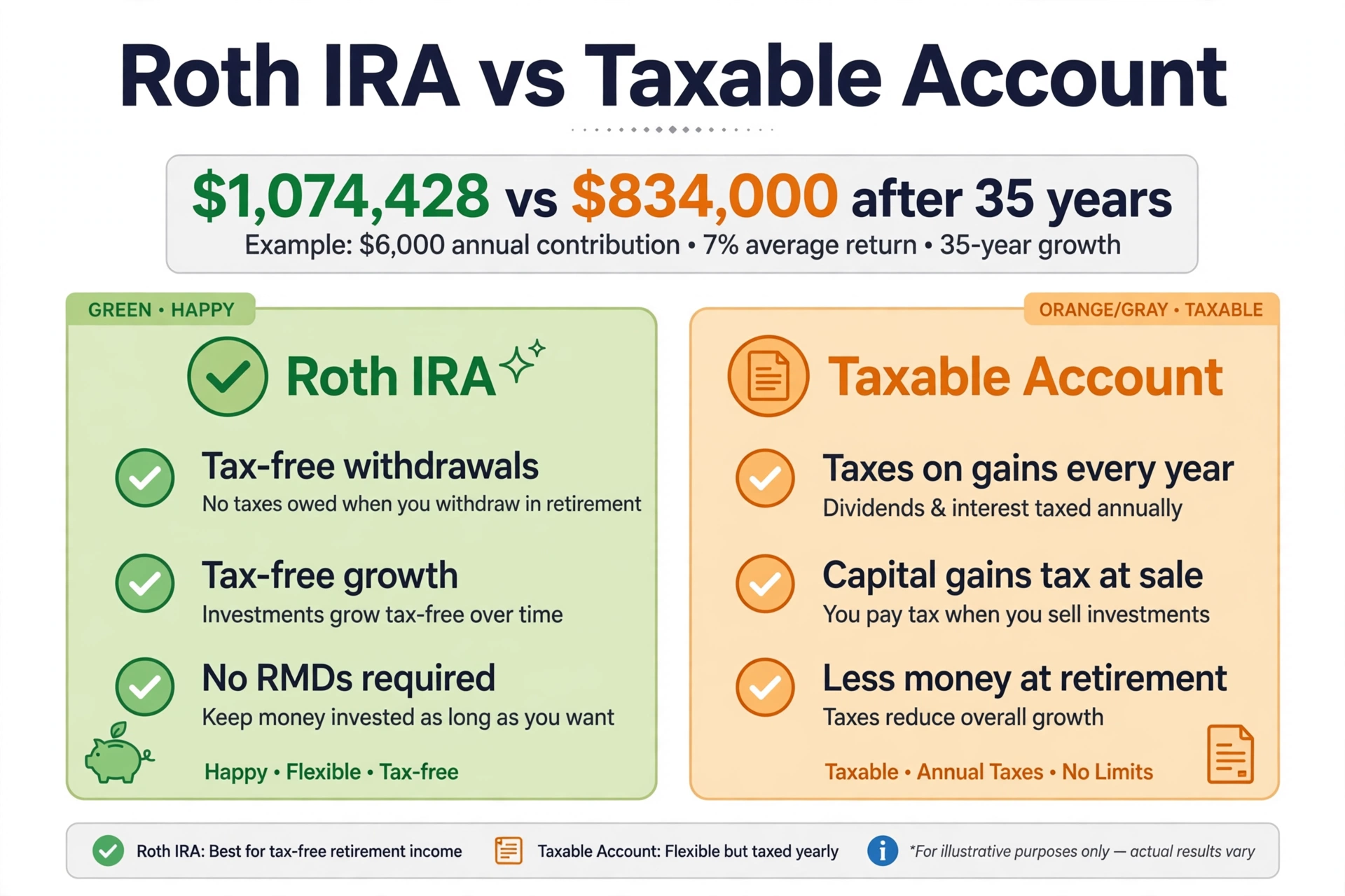 Comparison infographic: Roth IRA versus taxable account after 35 years, listing tax-free withdrawals, tax-free growth and no required distributions on the Roth side