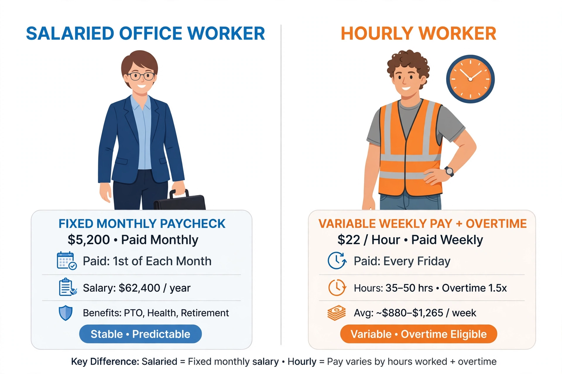 Comparison illustration of salaried vs hourly work: fixed monthly paycheck versus variable weekly pay with overtime