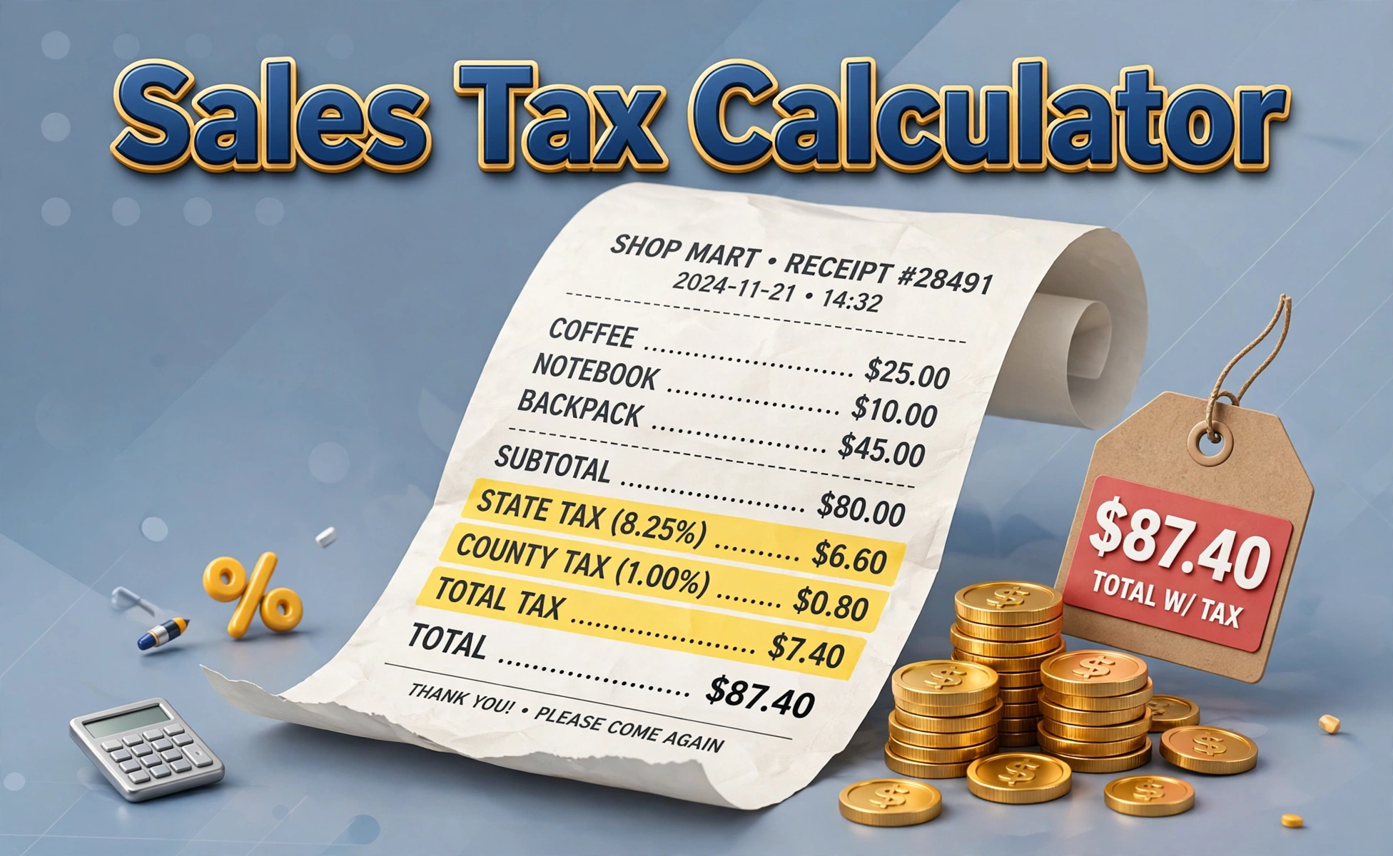 3D-style hero illustration of a long shopping receipt with tax line items highlighted, gold coins and a price tag, with Sales Tax Calculator text