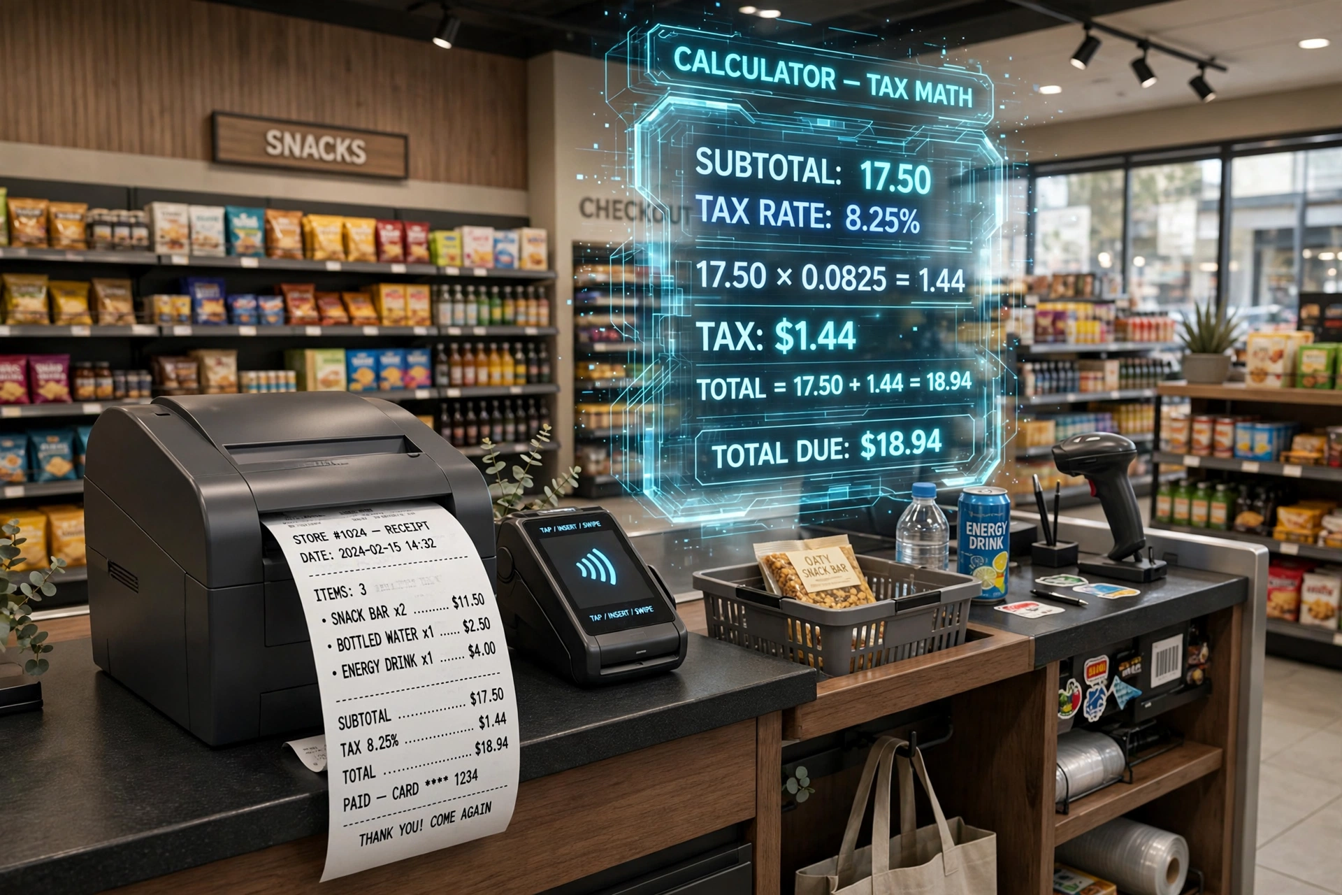 3D scene of a store cashier checkout with a receipt printing and a floating calculator hologram showing tax math
