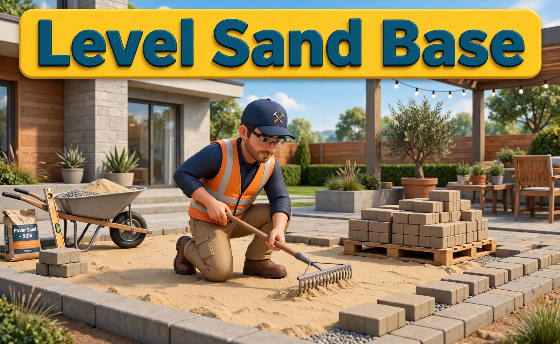 Sand calculator second hero: a worker leveling sand for pavers on a large screen