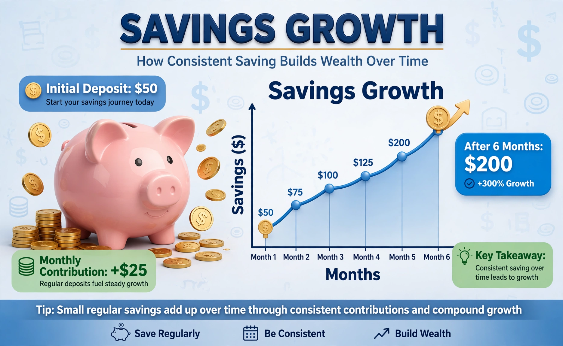 Savings hero: professional 3D piggy bank with coins and a rising growth chart labeled savings