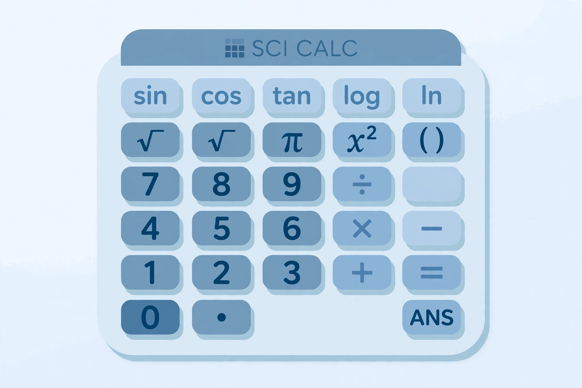 Illustration of a scientific calculator keypad with sin, cos, tan, log, square root and digit buttons