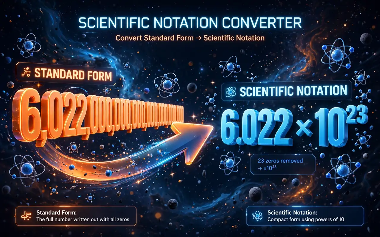 Scientific notation hero: giant number transforming into 6.022 x 10^23 with atoms