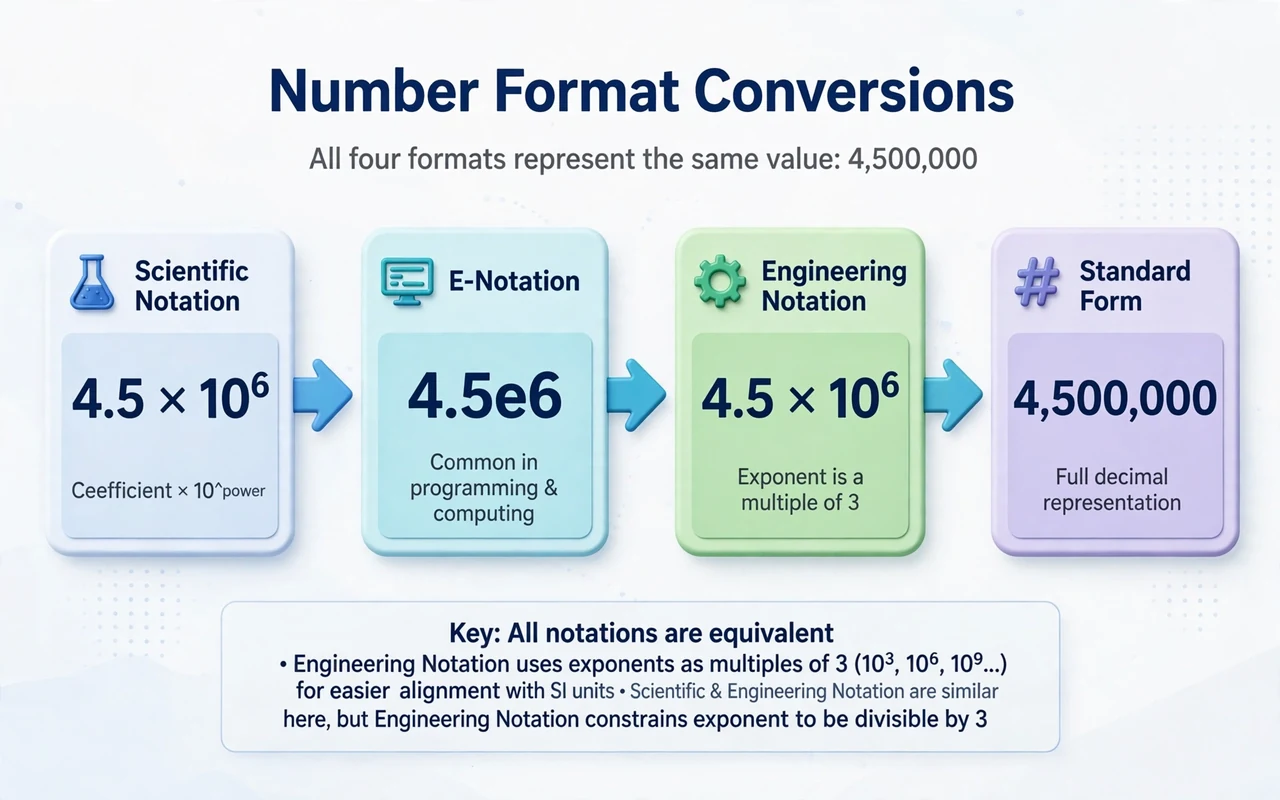 Scientific notation chart: conversion cards for scientific, E-notation, engineering, standard
