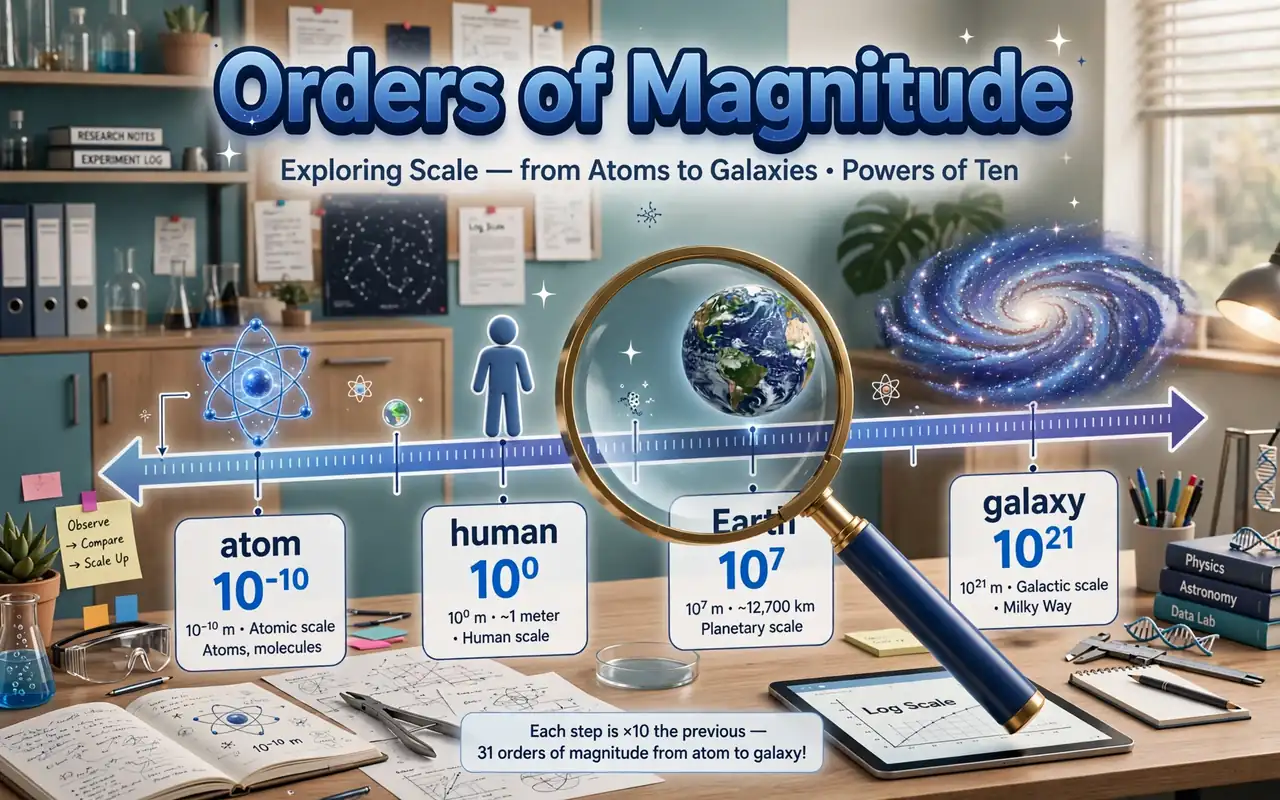 Scientific notation second hero: scientist with magnifying glass over orders of magnitude scale