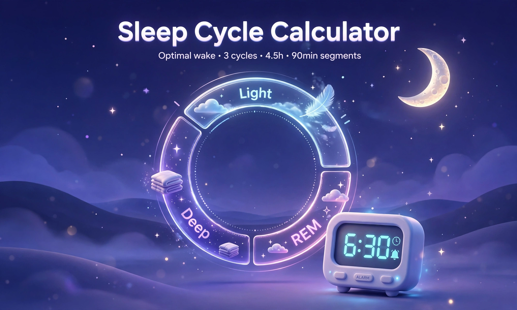 3D illustration of a sleep cycle ring with light, deep and REM stages and an alarm clock showing 6:30