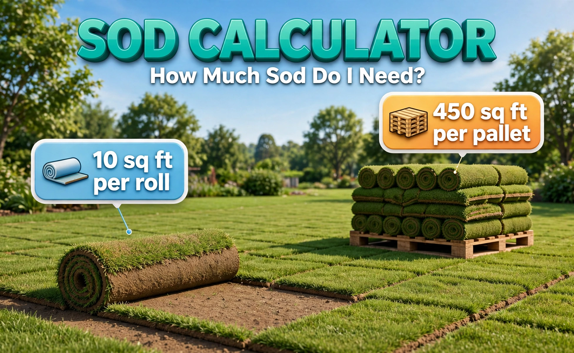 3D illustration for the sod calculator: a fresh sod roll being unrolled on a lawn, with callouts reading 10 sq ft per roll and 450 sq ft per pallet
