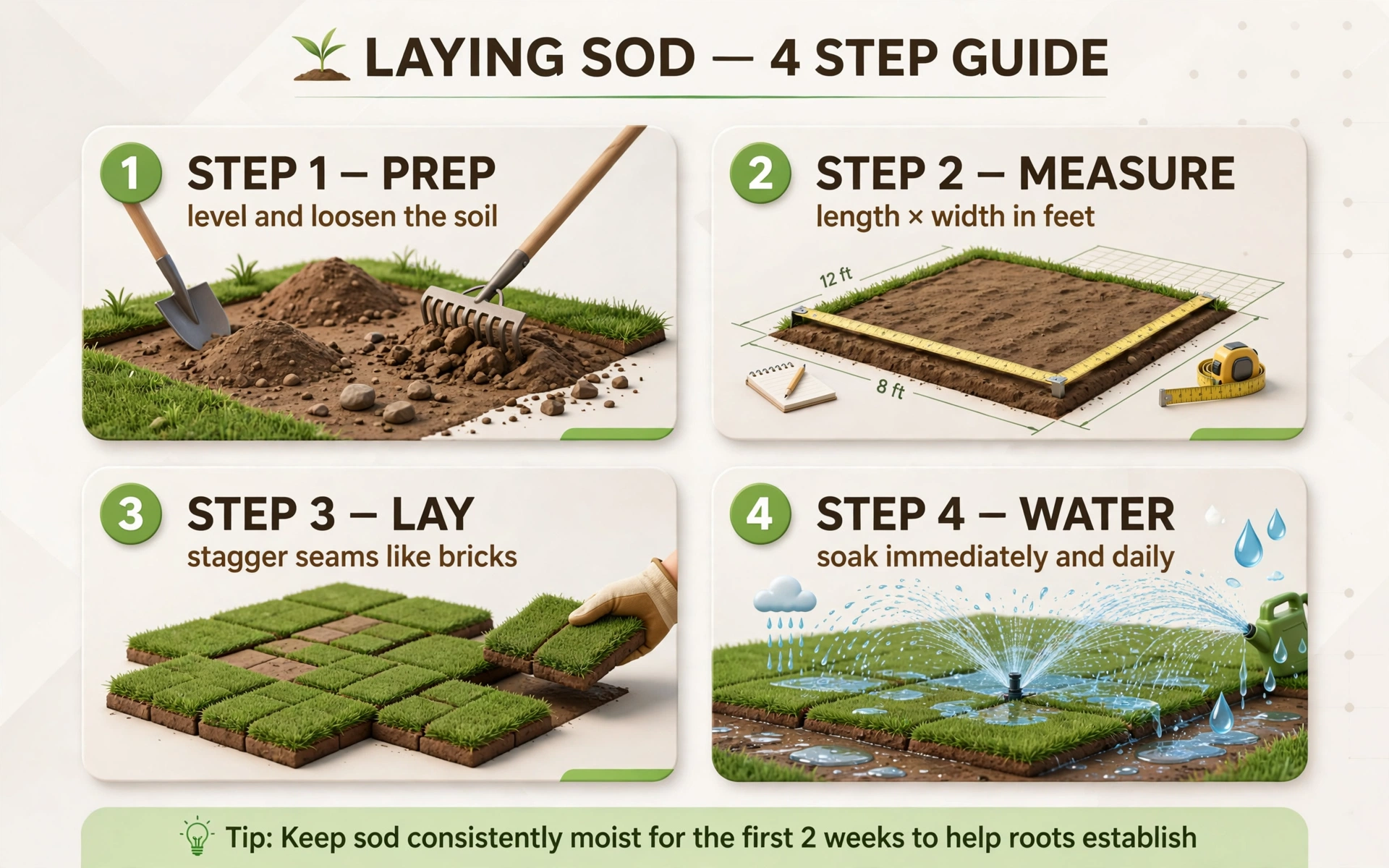 Four-step 3D guide to laying sod: prep and level the soil, measure length times width in feet, lay rolls with staggered seams like bricks, and water immediately and daily
