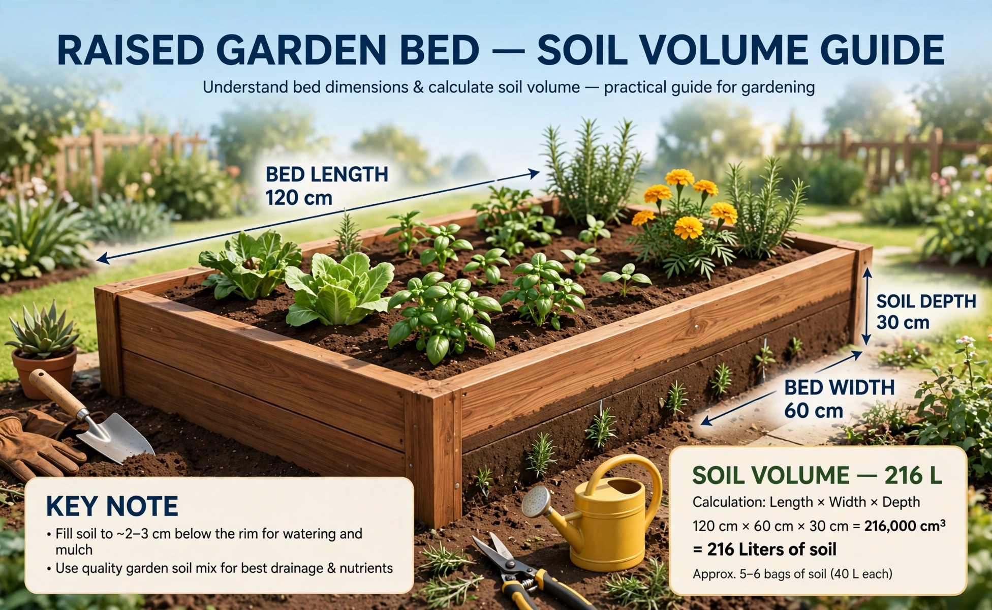 Soil calculator hero: large 3D raised garden bed filled with soil, volume labeled