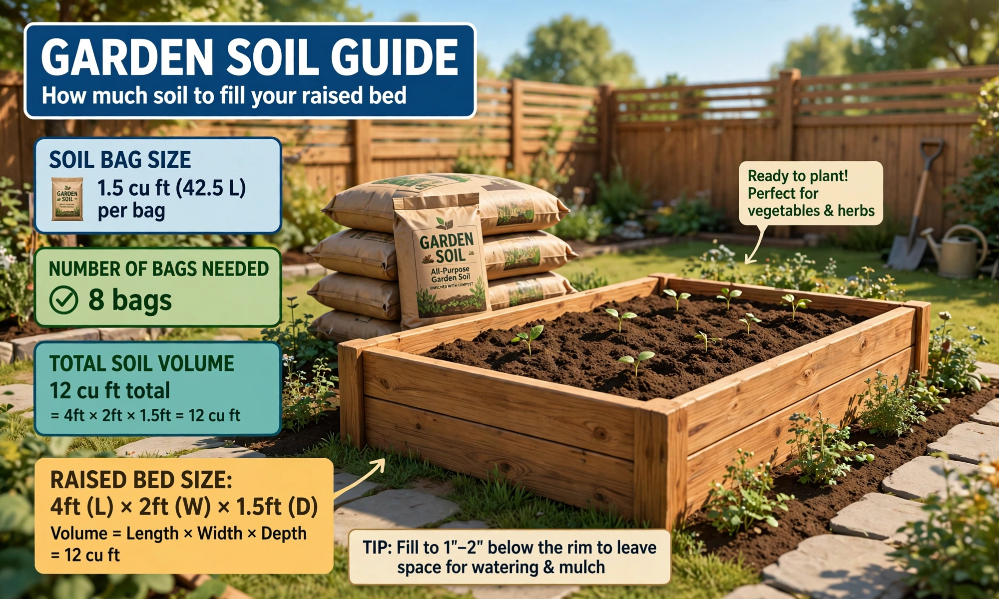 Soil calculator second hero: soil bags stacked beside a garden bed