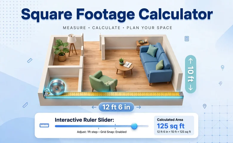 Isometric 3D room with glowing measuring tape showing 12 ft 6 in by 10 ft, interactive ruler slider, and Square Footage Calculator title