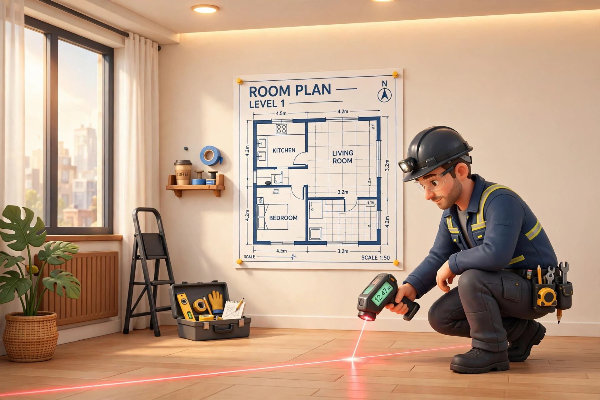 Worker using a laser measuring device on a room floor with a room-plan blueprint pinned on the wall