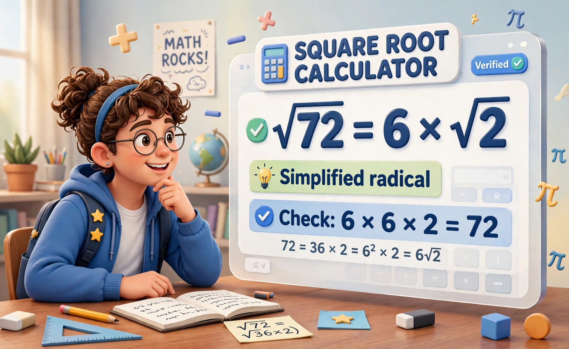 Square root calculator second hero: a student checking that 72 equals 6 times root 2 on a large screen