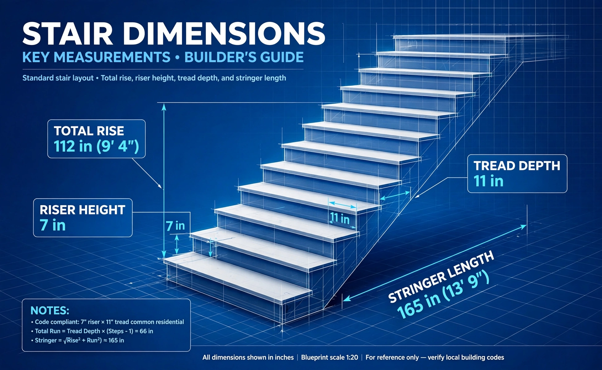 3D-style hero illustration of stair dimensions: a staircase with dimension lines and labels for total rise, riser height, tread depth and stringer length