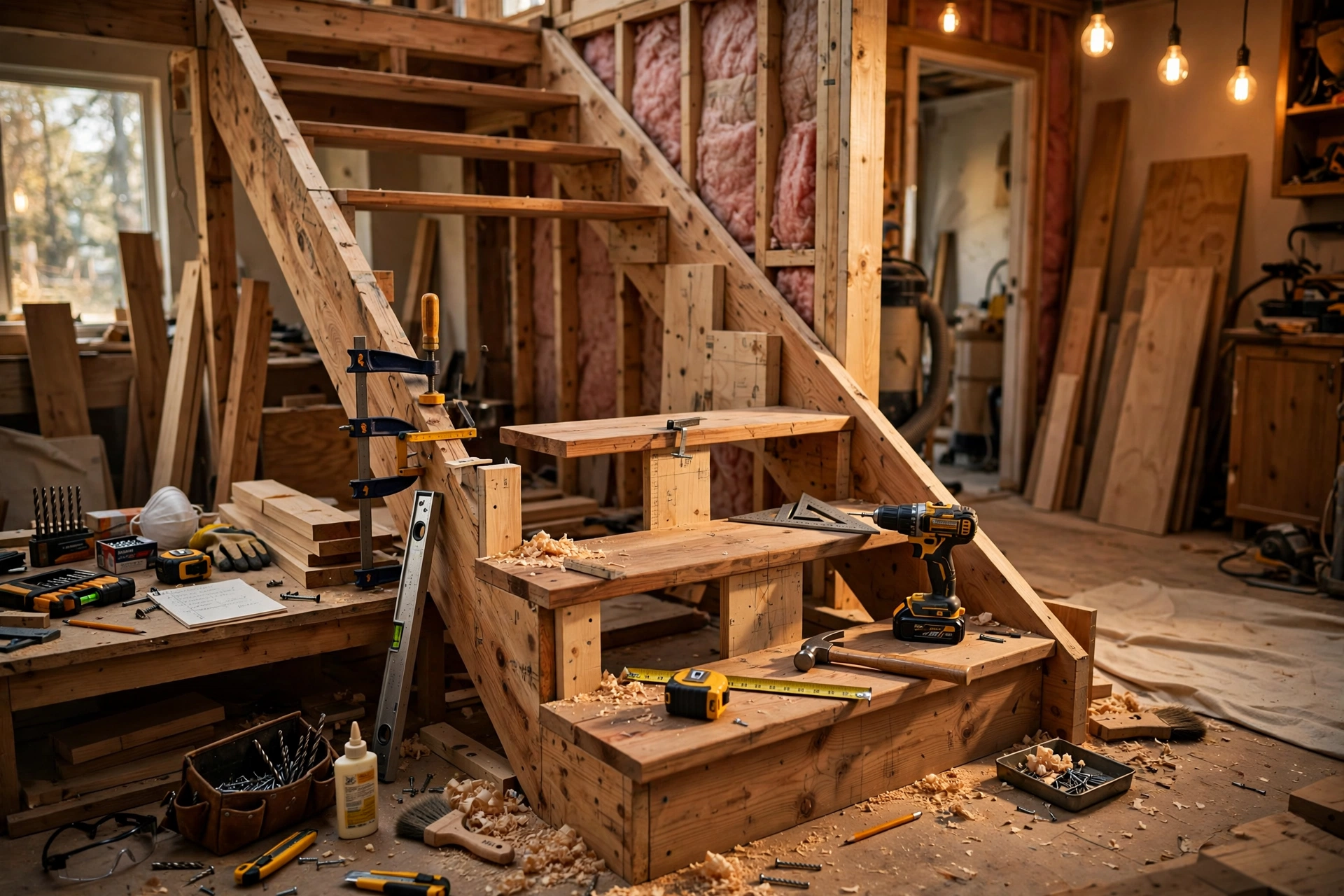 Wooden staircase under construction: exposed wooden stringers, treads and risers being fitted during a home renovation