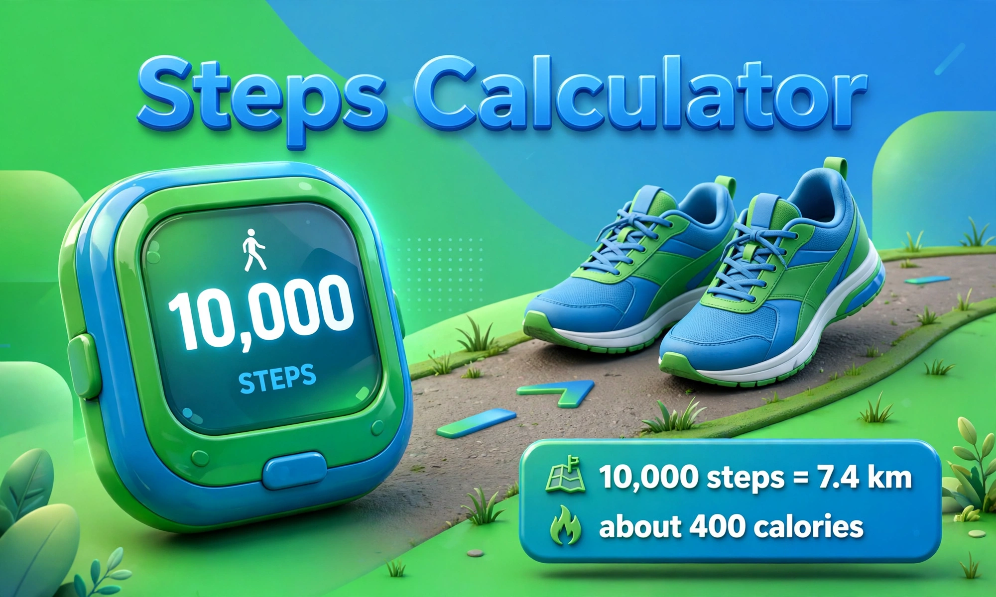 Steps calculator hero: large 3D step counter and walking shoes with 10,000 steps equals 7.4 km