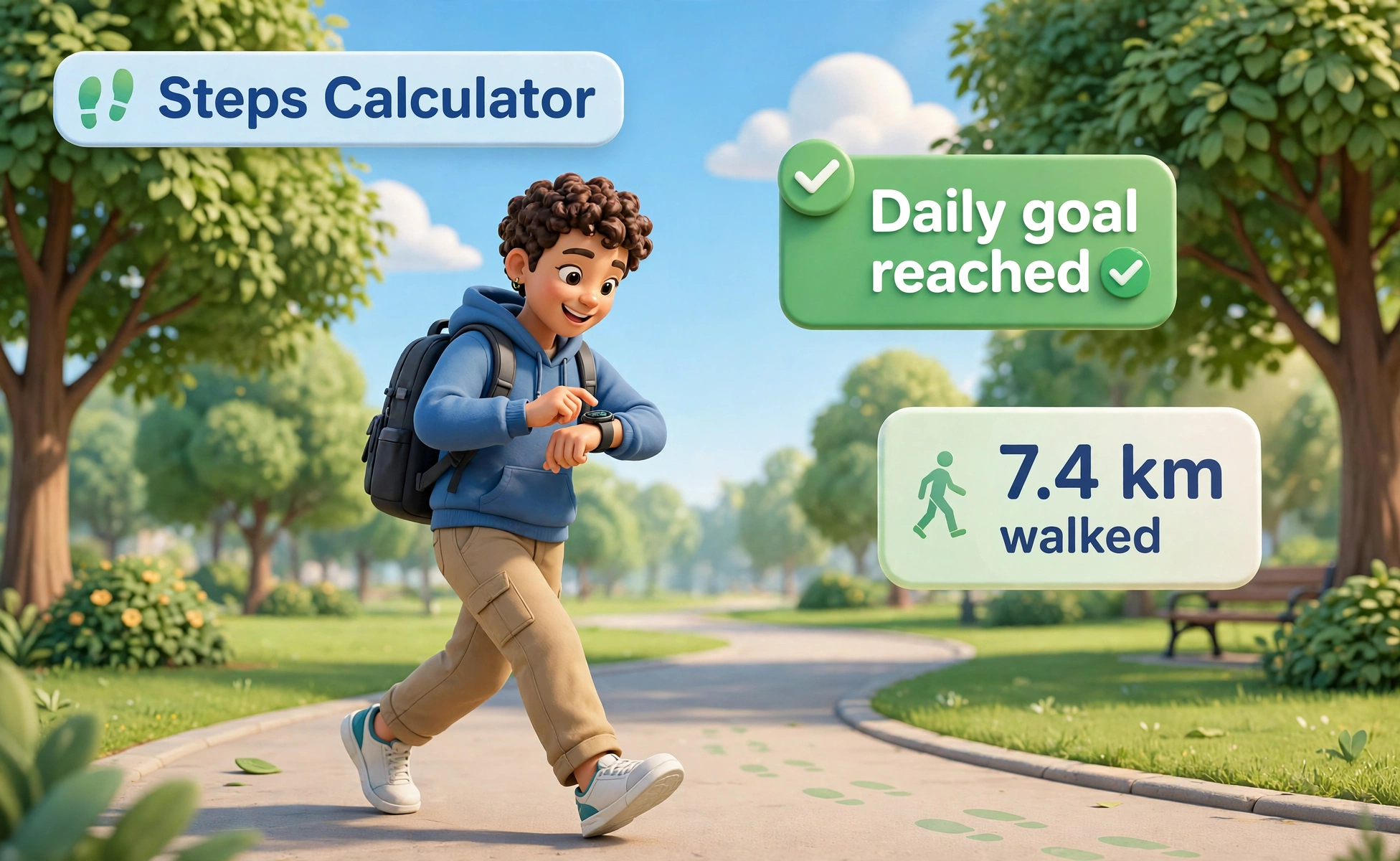 Steps calculator second hero: a person walking in a park checking 10,000 steps on a smartwatch