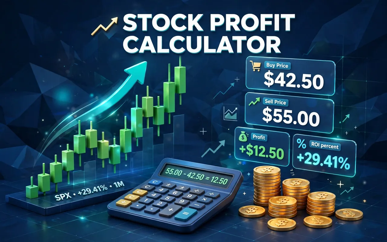 Stock profit hero: rising candlestick chart with coins and buy sell profit labels