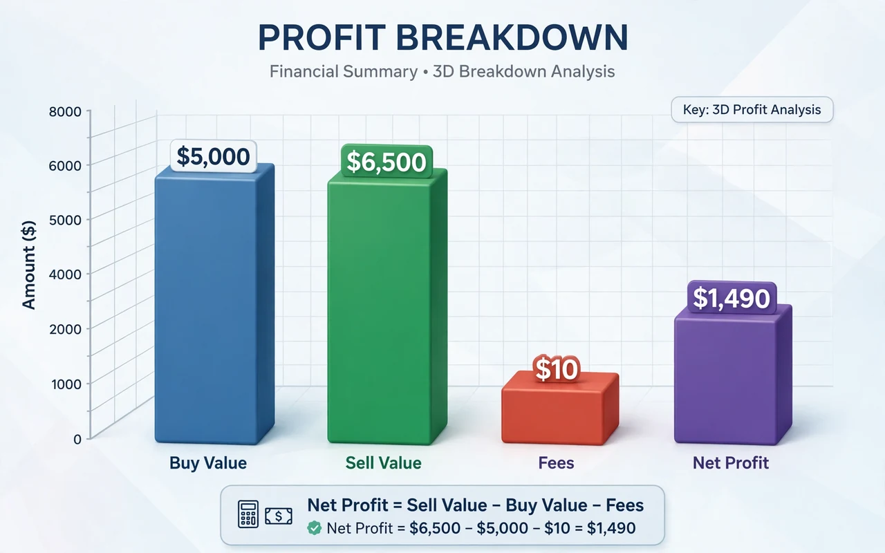 Stock profit chart: profit breakdown bars for buy value sell value fees and net profit
