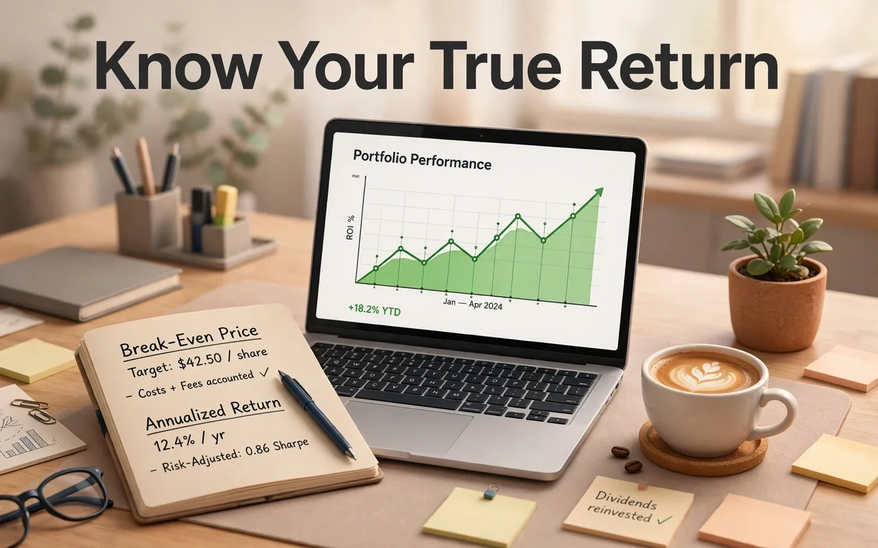 Stock profit second hero: investor desk with laptop profit graph and break-even notes