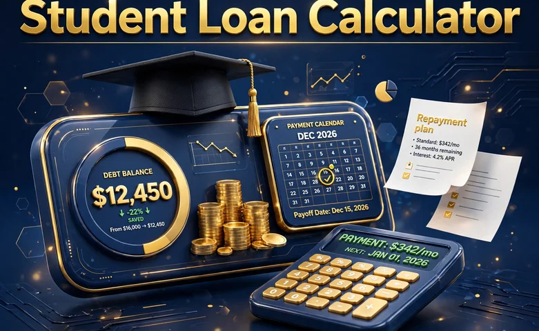 3D hero illustration of a graduation cap on a student loan repayment dashboard with a debt balance gauge, payment calendar and calculator, with Student Loan Calculator text