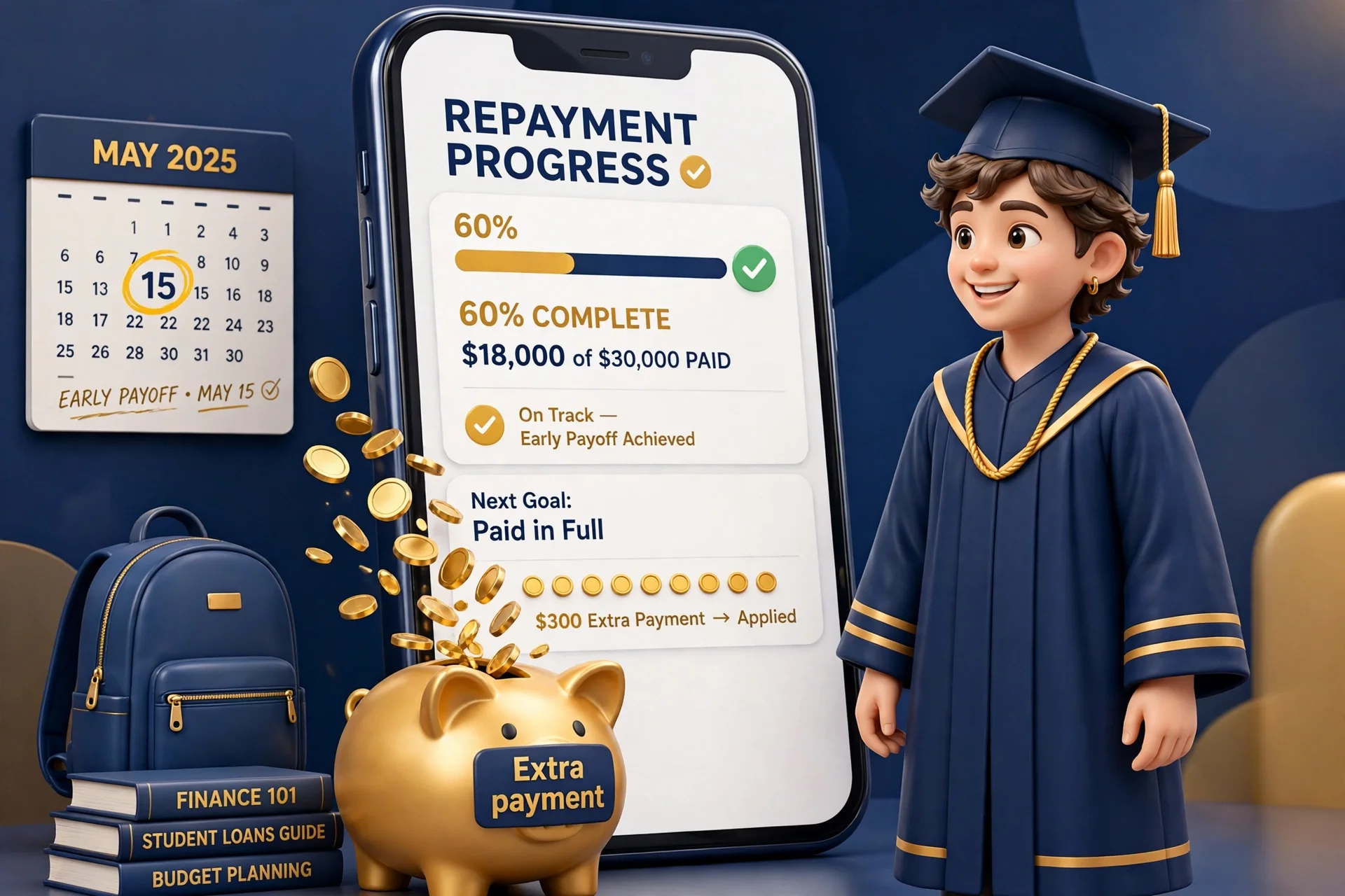 3D scene of a graduate checking loan repayment progress on a smartphone with coins going into a piggy bank and a calendar marking an early payoff date