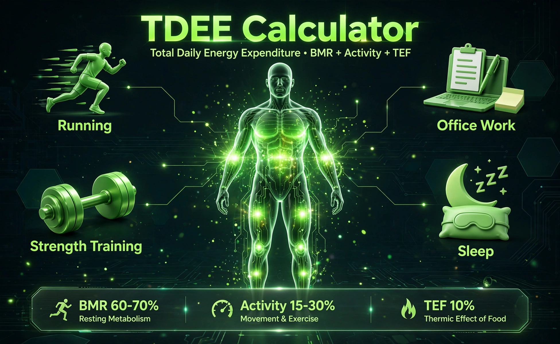 3D-style illustration of a human body silhouette with glowing calorie-burn zones, dumbbells and activity icons for running, office work and sleep, with TDEE Calculator text