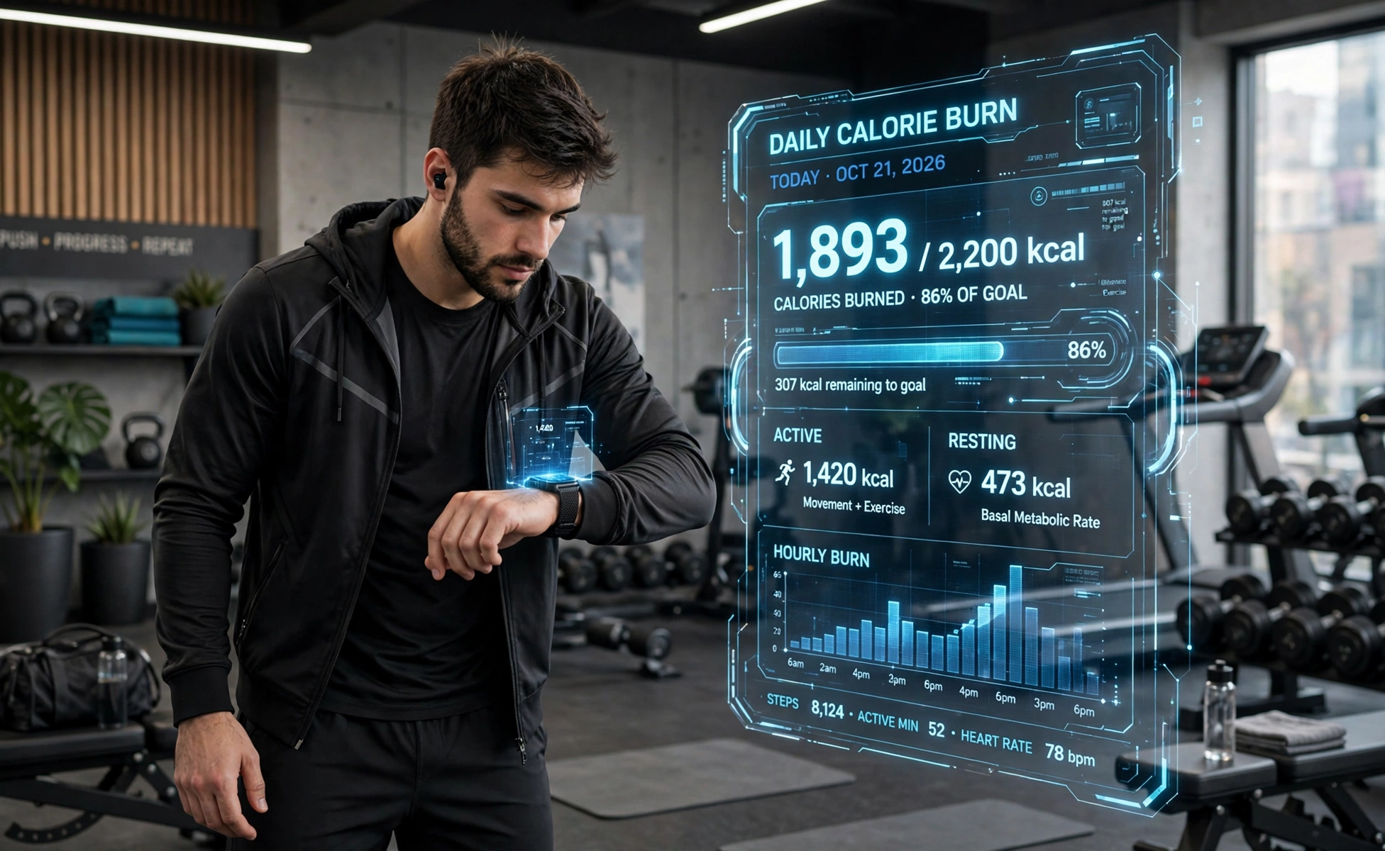 3D scene of an athlete in a gym checking a fitness tracker while a holographic dashboard shows daily calorie burn